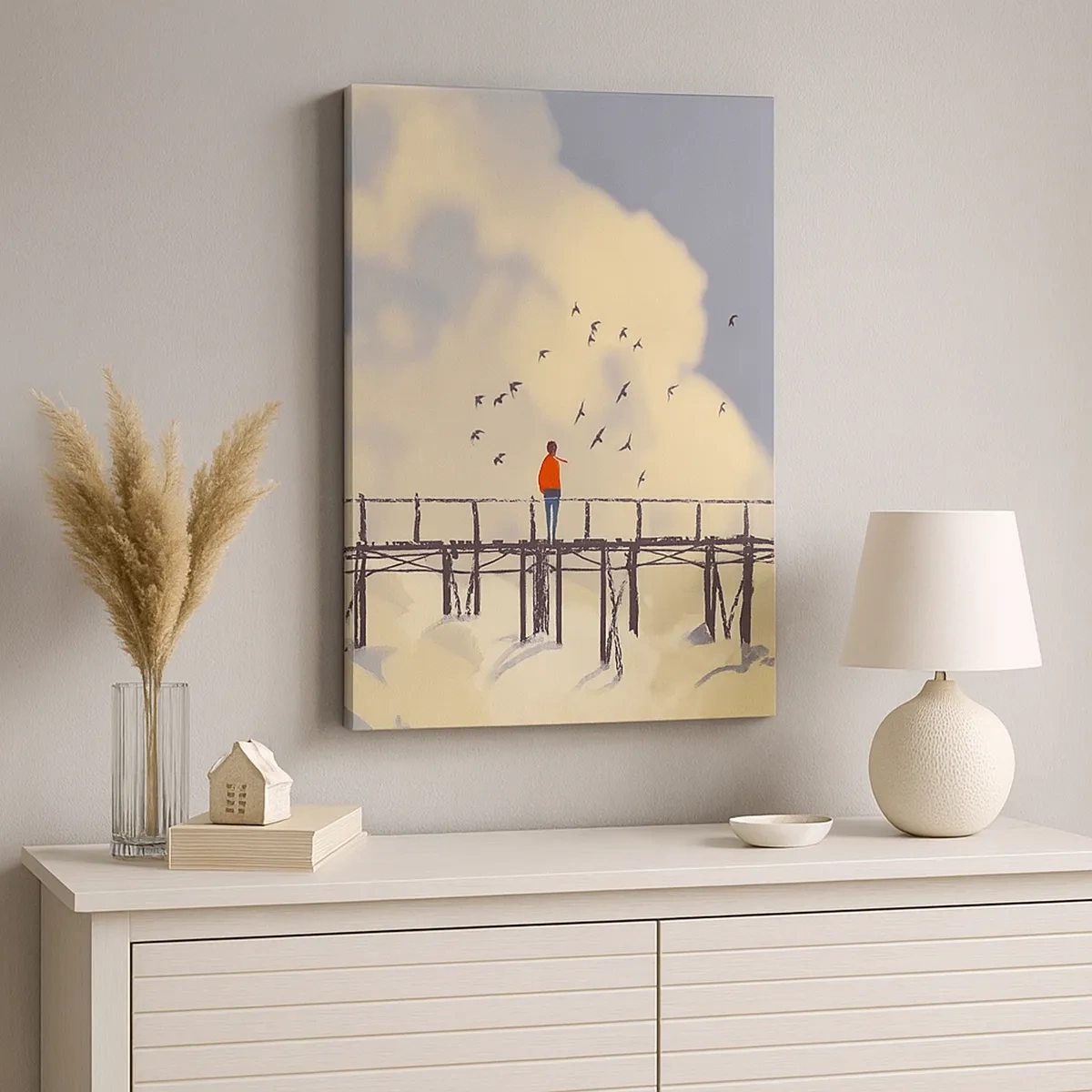 Bild auf Leinwand - Leinwandbild - Eine Figur auf einer Brücke zwischen Wolken mit Vögeln am Himmel - 50x70cm - Blaue Sehnsucht - Moderne Wanddekoration für Wohnzimmer und Schlafzimmer ARTTOR