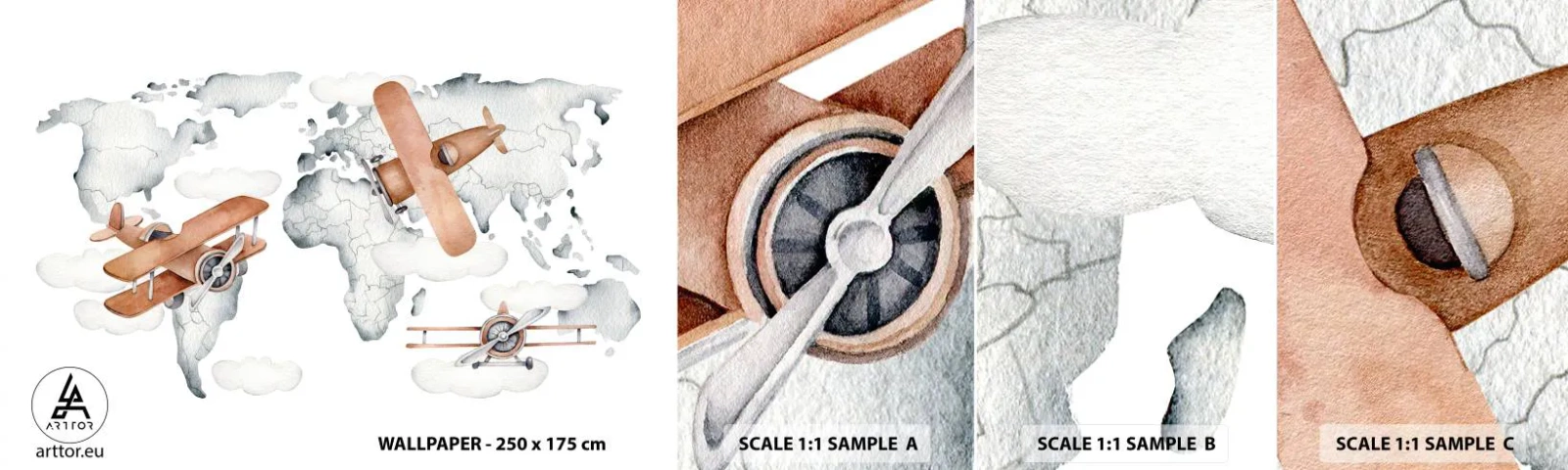 Fototapetenmuster Standard Eco - Im Pioniergeist - Weltkarte, Flugzeuge, Kinder - 100x30 cm