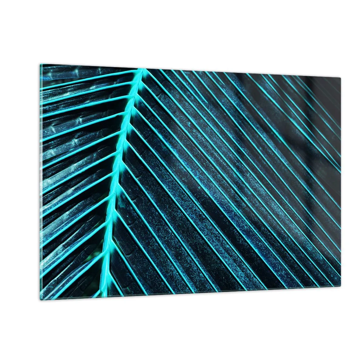 Glasbild - Bild auf glas - Makrofotografie eines Palmblattes in Türkistönen - 120x80cm - Grüne Textur - Moderne Wanddekoration für Wohnzimmer und Schlafzimmer ARTTOR