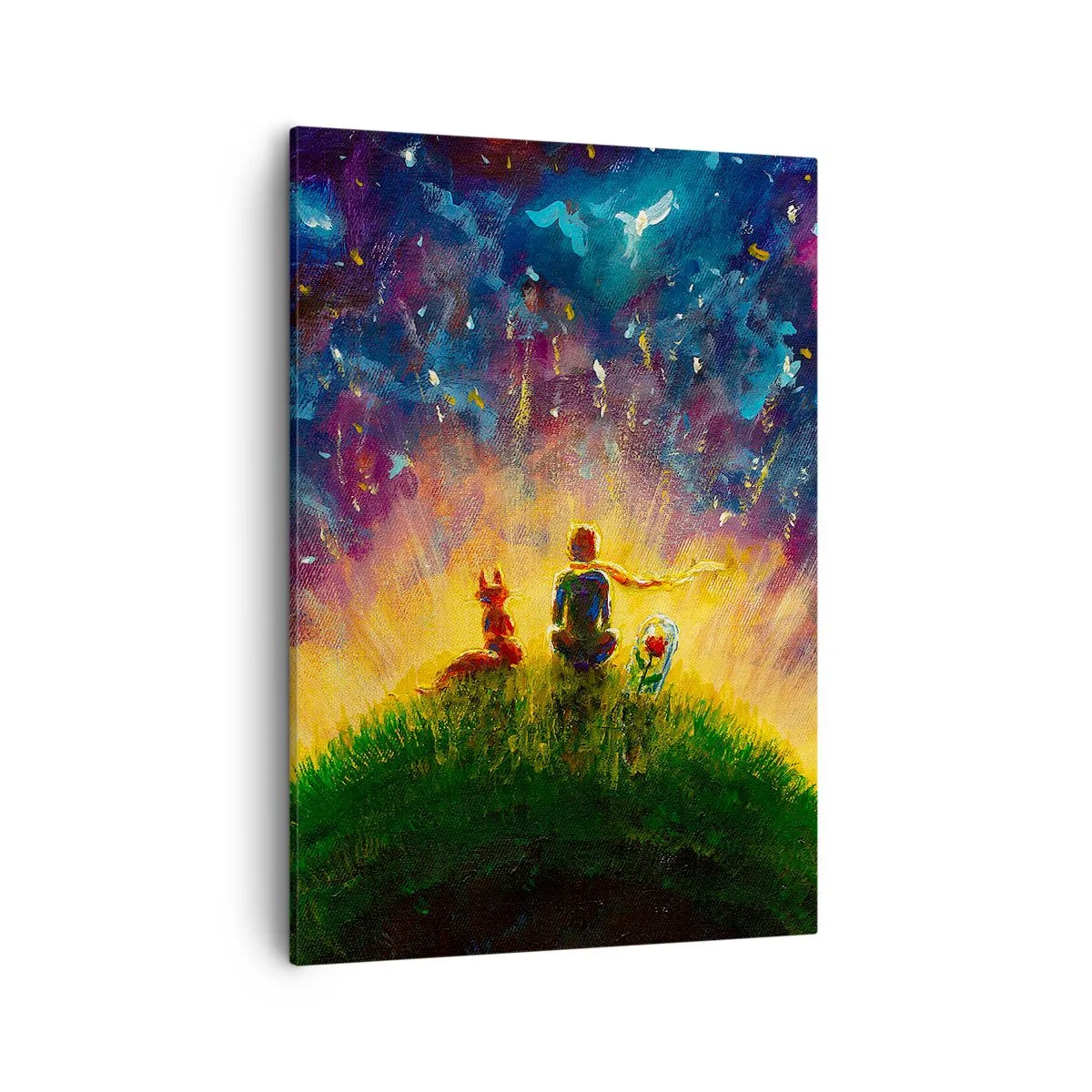Bild auf Leinwand - Leinwandbild - Figuren auf einem grünen Hügel, umgeben von einem Sternenhimmel - 50x70cm - Liebe und Freundschaft - die ganze Welt - Moderne Wanddekoration für Wohnzimmer und Schlafzimmer ARTTOR