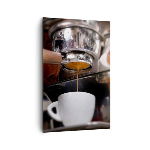Bild auf Leinwand - Leinwandbild - Nahaufnahme einer Kaffeemaschine, die einen frischen Espresso zubereitet - 80x120cm - Gute Zeit des Tages - Moderne Wanddekoration für Wohnzimmer und Schlafzimmer ARTTOR