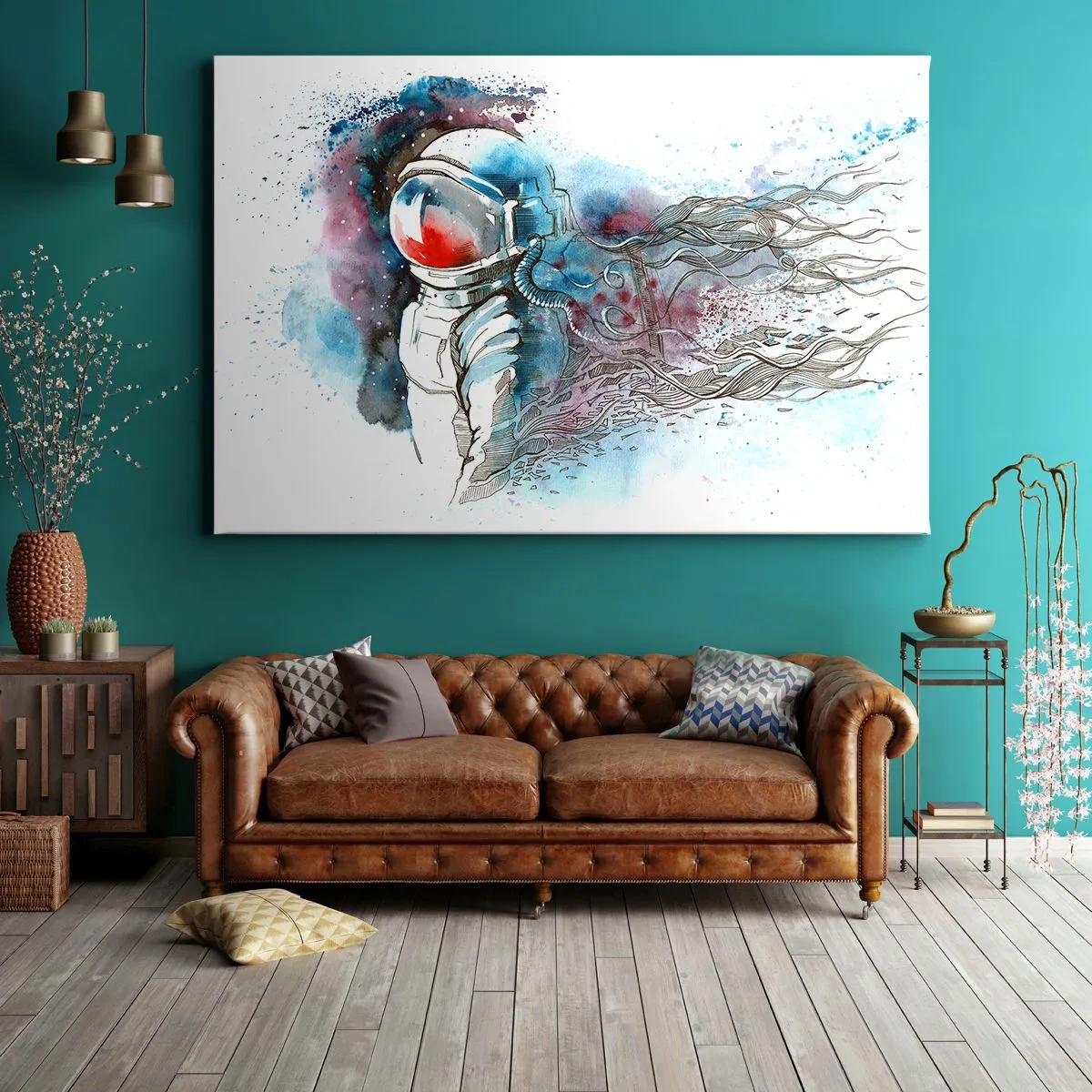 Bild auf Leinwand - Leinwandbild - Ein Kosmonaut in einem dynamischen Aquarell mit kosmischen Details - 120x80cm - Allein mit Platz - Moderne Wanddekoration für Wohnzimmer und Schlafzimmer ARTTOR