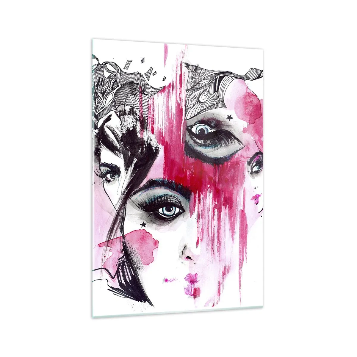 Glasbild - Bild auf glas - Abstraktes Gesicht in Rosa- und Schwarztönen - 70x100cm - Abstrakte Augen - Moderne Wanddekoration für Wohnzimmer und Schlafzimmer ARTTOR