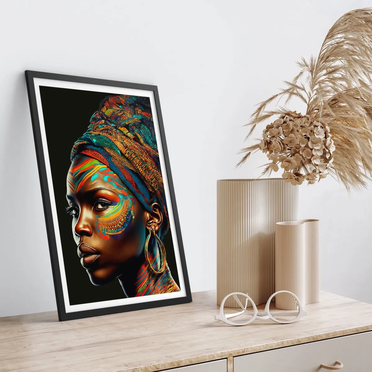Poster in einem schwarzem Rahmen - Porträt einer Frau mit buntem Schal und ethnischem Make-up - 50x70cm - Afrikanische Königin - Moderne Wanddekoration für Wohnzimmer und Schlafzimmer ARTTOR