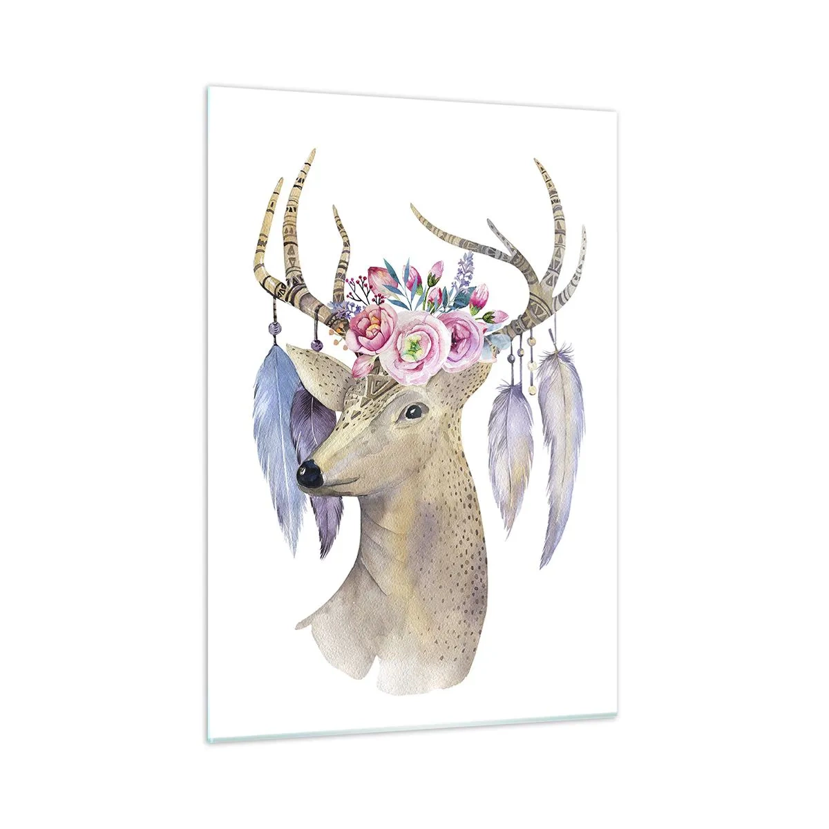 Glasbild - Bild auf glas - Hirsch mit Blumenkranz und Federn - 50x70cm - Seelenführer - sanft, unschuldig - Moderne Wanddekoration für Wohnzimmer und Schlafzimmer ARTTOR