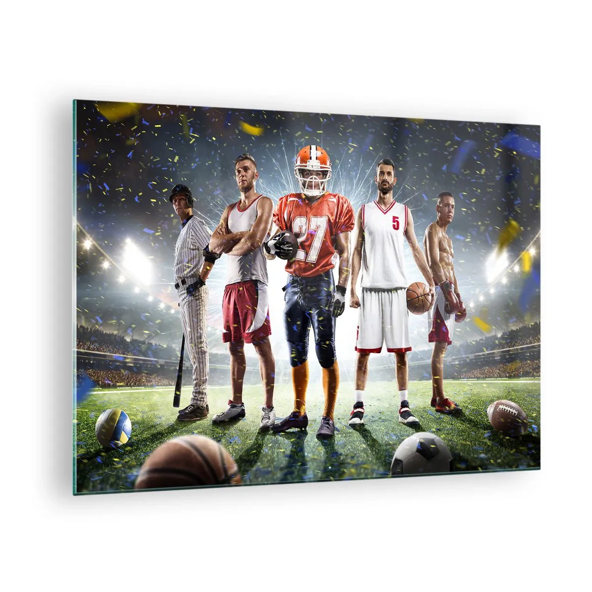 Glasbild - Bild auf glas - Athleten verschiedener Disziplinen im Stadion im Rampenlicht - 70x50cm - Feldgladiatoren - Moderne Wanddekoration für Wohnzimmer und Schlafzimmer ARTTOR