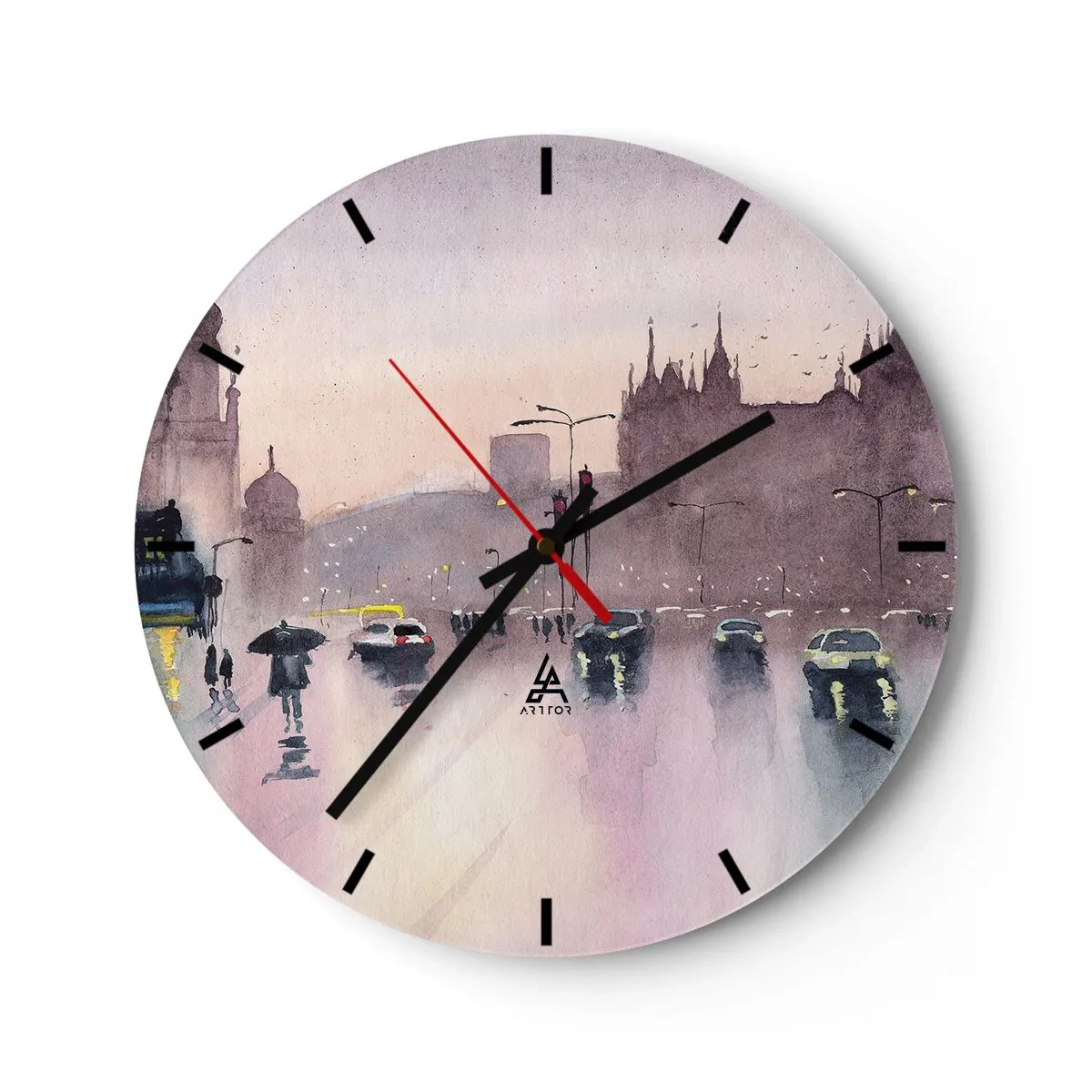 Wanduhr - Glasuhr - Verregnete Straße mit Fußgängern und Autos in der Abenddämmerung - 30x30cm - Im regnerischen Dunst - Moderne Wanddekoration für Wohnzimmer, Küche und Schlafzimmer ARTTOR