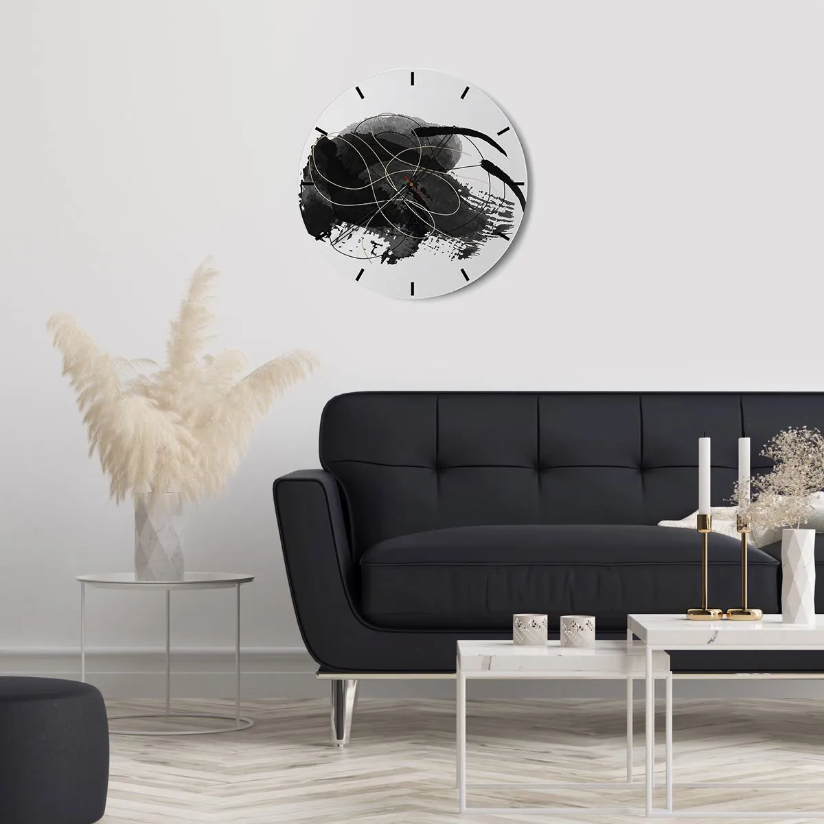 Wanduhr - Glasuhr - Abstrakte Komposition aus schwarzen und goldenen Linien - 30x30cm - Aus Schwarz entstanden - Moderne Wanddekoration für Wohnzimmer, Küche und Schlafzimmer ARTTOR