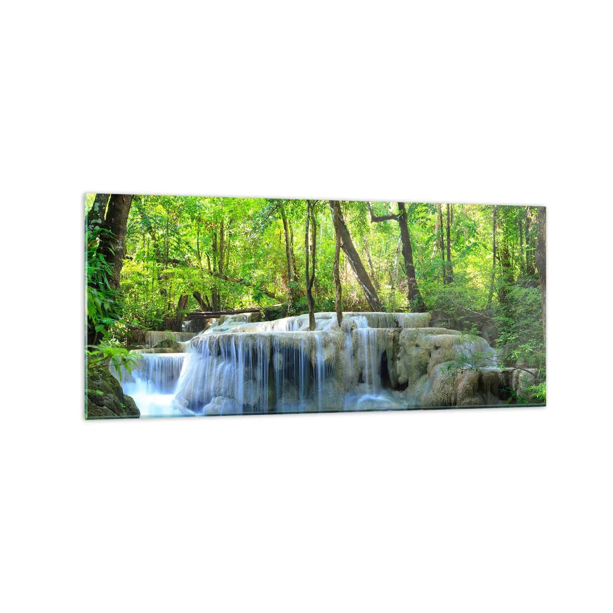 Glasbild - Bild auf glas - Ein Wasserfall zwischen grünen Bäumen mit blauem Wasser in einer natürlichen Umgebung - 120x50cm - In Türkis und Grün ertrinken - Moderne Wanddekoration für Wohnzimmer und Schlafzimmer ARTTOR