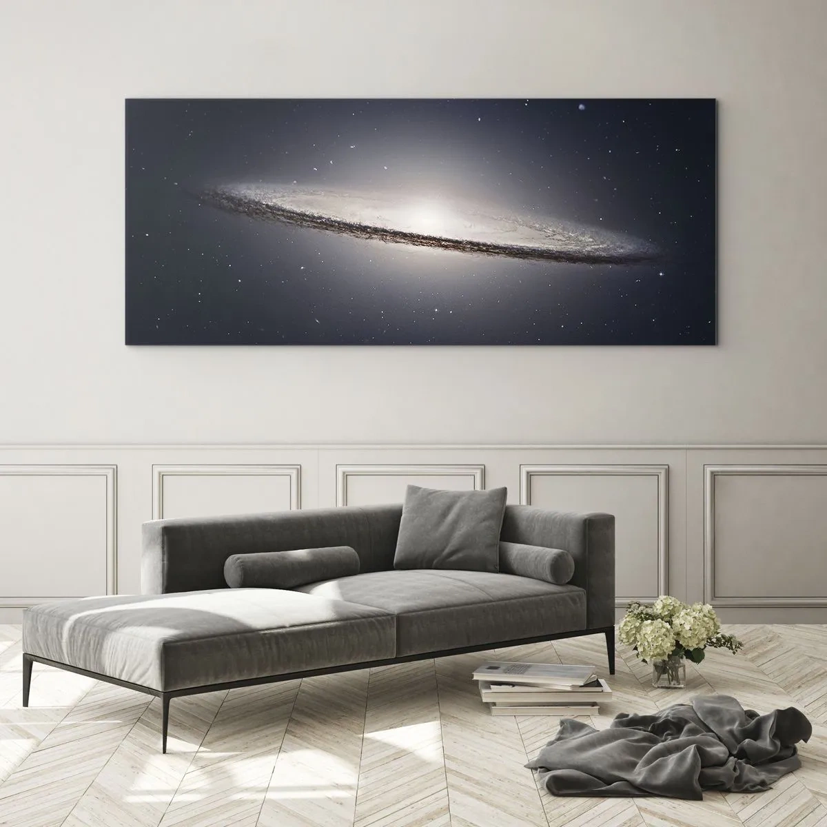 Glasbild - Bild auf glas - Eine Spiralgalaxie vor dem Hintergrund des Sternenraums - 120x50cm - Vor langer Zeit in einer weit entfernten Galaxie ... - Moderne Wanddekoration für Wohnzimmer und Schlafzimmer ARTTOR