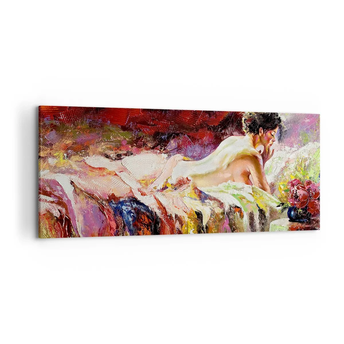 Bild auf Leinwand - Leinwandbild - Eine Frau liegt auf einem Bett vor einem Hintergrund aus abstrakten Farben. - 120x50cm - Venus in Gedanken - Moderne Wanddekoration für Wohnzimmer und Schlafzimmer ARTTOR