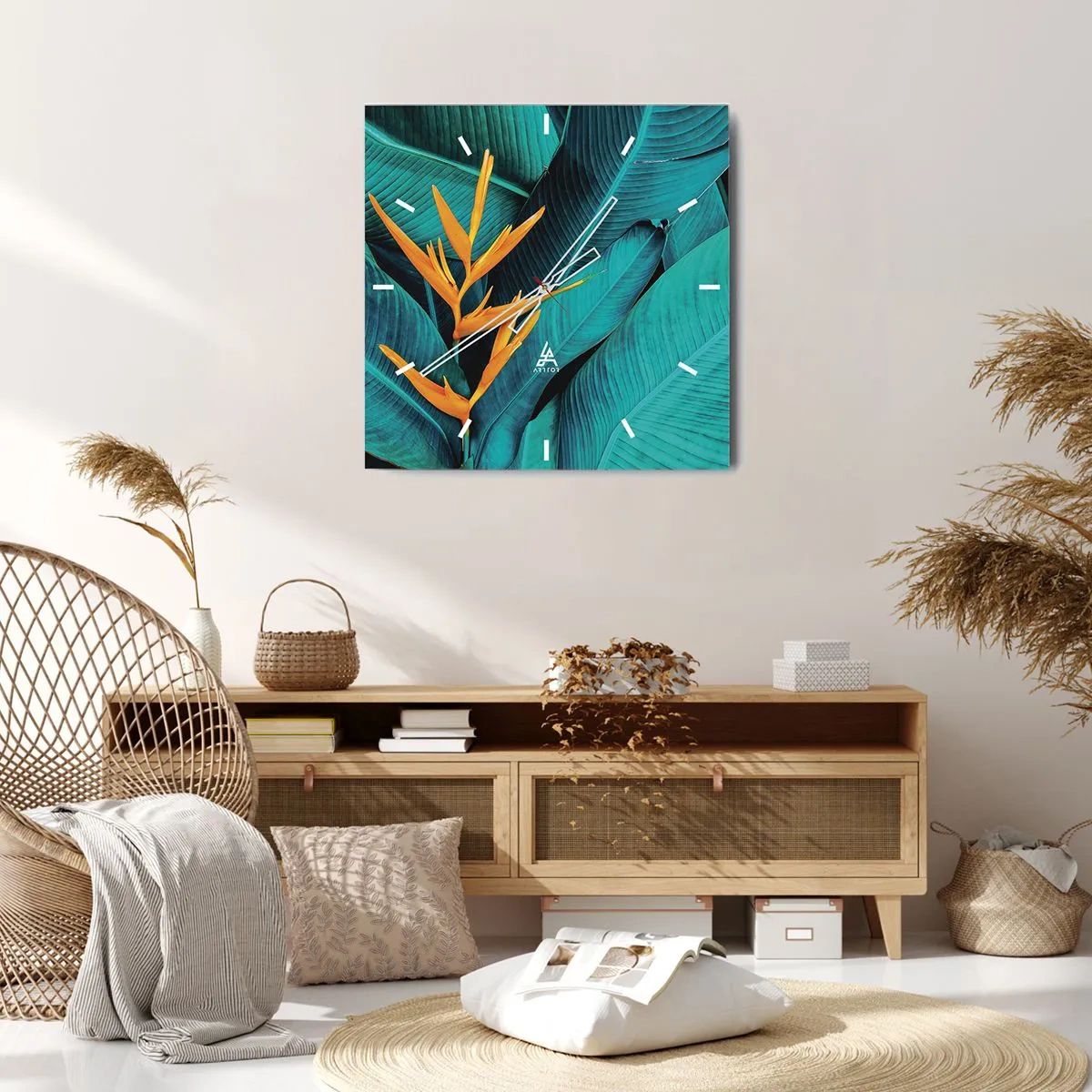 Wanduhr - Glasuhr - Eine exotische Blume vor einem Hintergrund aus Bananenblättern in Türkistönen. - 30x30cm - Eden-Blume - Moderne Wanddekoration für Wohnzimmer und Schlafzimmer ARTTOR