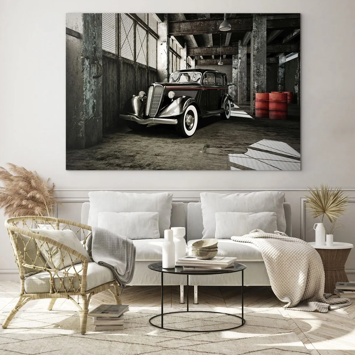 Glasbild - Bild auf glas - Ein Oldtimer in einer stilvollen Garage - 120x80cm - Die ewige Eleganz der 1930er Jahre - Moderne Wanddekoration für Wohnzimmer und Schlafzimmer ARTTOR