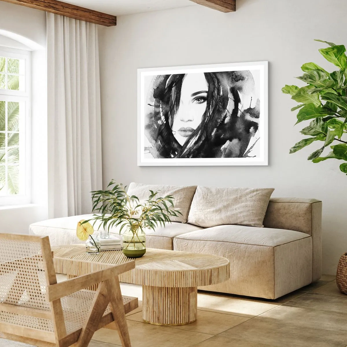 Poster in einem weißen Rahmen - Porträt einer Dame in Schwarzweiß - 70x50 cm