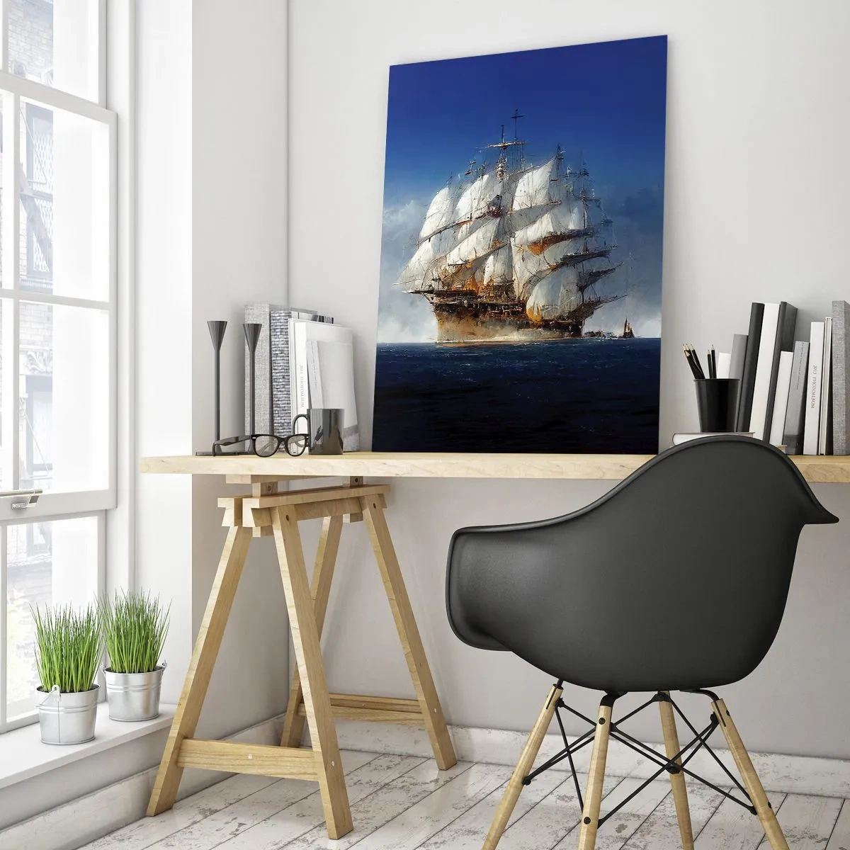 Glasbild - Bild auf glas - Ein Segelschiff auf hoher See inmitten von Seenebel - 50x70cm - Der große Ruhm! - Moderne Wanddekoration für Wohnzimmer und Schlafzimmer ARTTOR