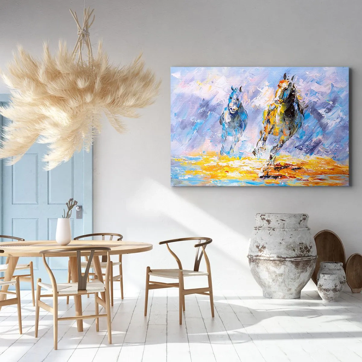 Bild auf Leinwand - Leinwandbild - Zwei Pferde in Bewegung vor dem Hintergrund einer abstrakten Landschaft - 70x50cm - Galopp durch die Blendung - Moderne Wanddekoration für Wohnzimmer und Schlafzimmer ARTTOR