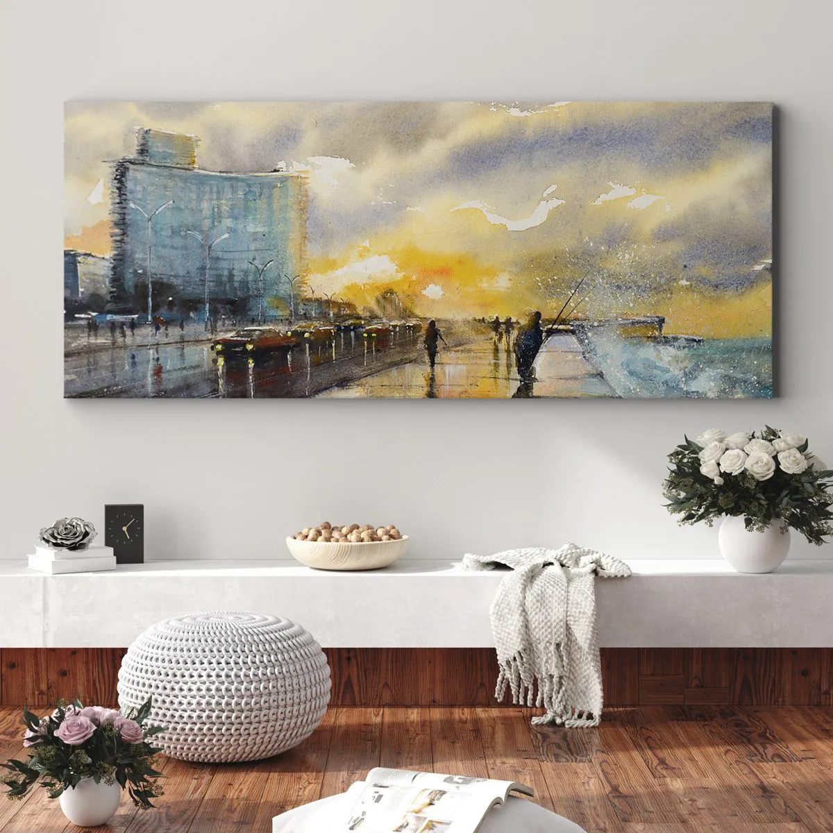 Bild auf Leinwand - Leinwandbild - Ein malerischer Blick auf die Strandpromenade bei Sonnenuntergang - 160x50cm - Leben am Ufer - Moderne Wanddekoration für Wohnzimmer und Schlafzimmer ARTTOR