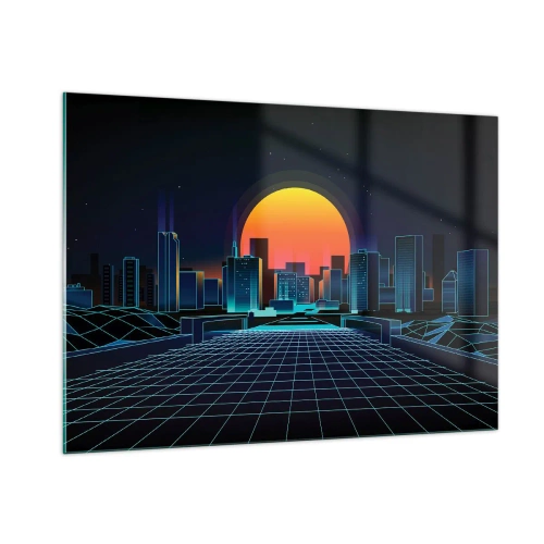 Glasbild - Bild auf glas - Futuristisches Stadtpanorama mit Sonnenuntergang - 100x70cm - Willst du immer noch zu Real gehen? - Moderne Wanddekoration für Wohnzimmer und Schlafzimmer ARTTOR