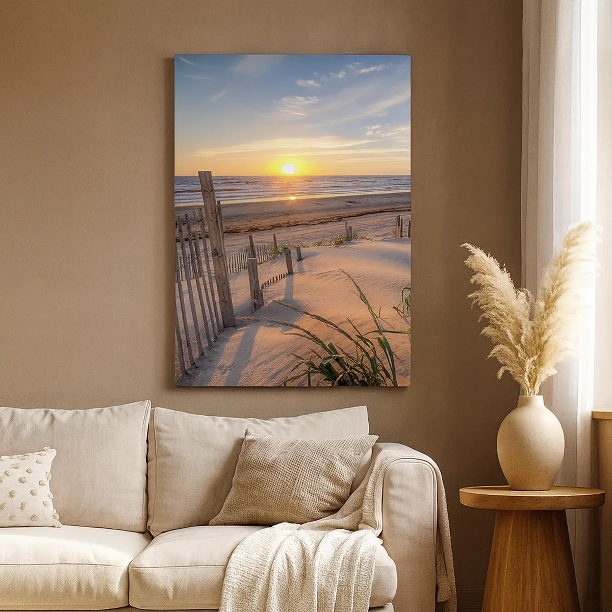 Bild auf Leinwand - Leinwandbild - Sonnenuntergangsstrand mit Holzzaun - 50x70cm - Schein und Schatten des Windes - Moderne Wanddekoration für Wohnzimmer und Schlafzimmer ARTTOR