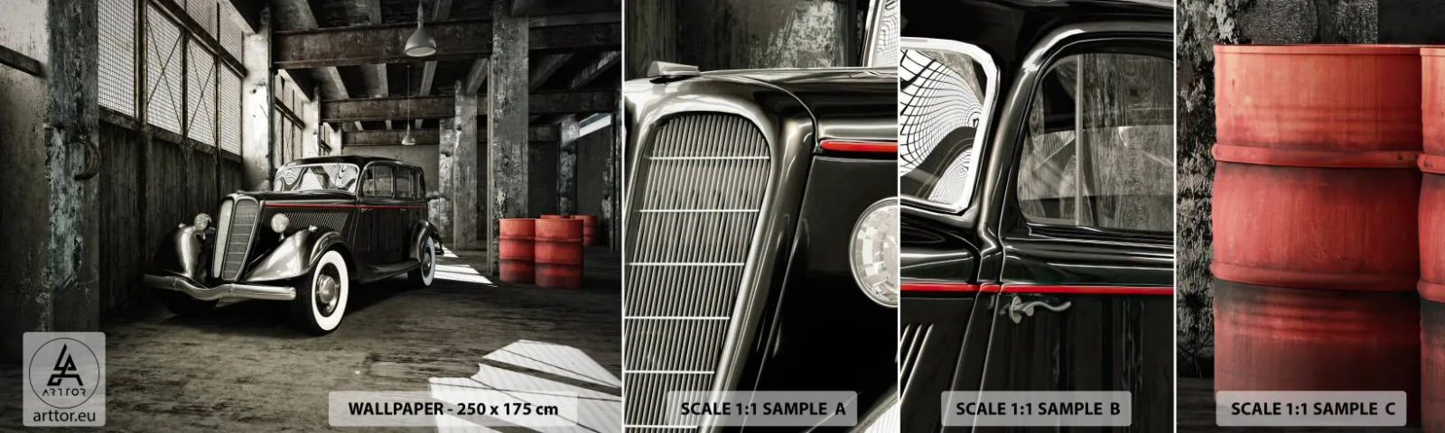 Fototapeten Muster Selbstklebend Deluxe Sticker - Die ewige Eleganz der 1930er Jahre - Automobil, Retro-Auto, Fabriklager - 100x30 cm