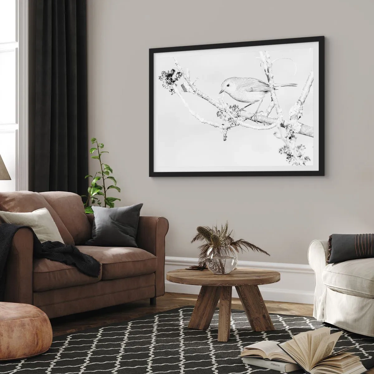 Poster in einem schwarzem Rahmen - Vogel auf einem Ast in Schwarz-Weiß im minimalistischen Stil - 70x50cm - Wintermorgen - Moderne Wanddekoration für Wohnzimmer und Schlafzimmer ARTTOR