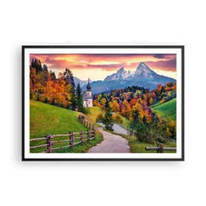 Poster in einem schwarzem Rahmen - Herbstliche Berglandschaft mit Kapelle und Sonnenuntergang - 100x70cm - Landschaftsartige Malerei - Moderne Wanddekoration für Wohnzimmer und Schlafzimmer ARTTOR