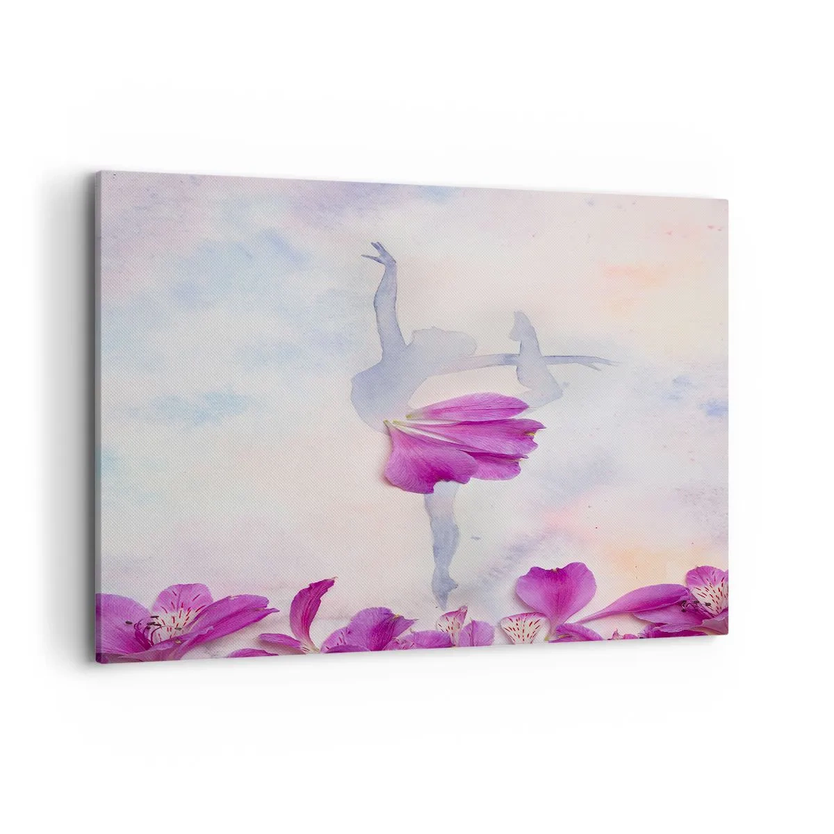 Bild auf Leinwand - Leinwandbild - Eine Tänzerin in einem Blütenblattkleid vor einem pastellfarbenen Hintergrund. - 100x70cm - Zart wie eine Blume - Moderne Wanddekoration für Wohnzimmer und Schlafzimmer ARTTOR