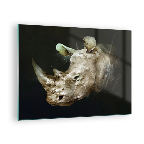 Glasbild - Bild auf glas - Künstlerische Darstellung eines Nashornkopfes vor dunklem Hintergrund - 70x50cm - Eine wahrhaft männliche Stärke - Moderne Wanddekoration für Wohnzimmer und Schlafzimmer ARTTOR