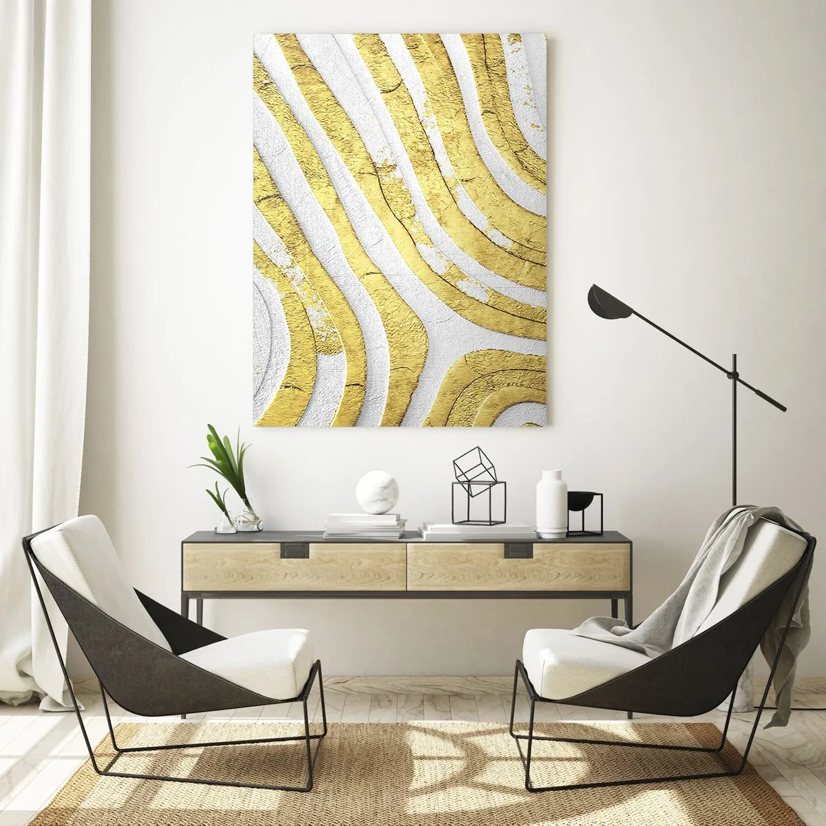Glasbild - Bild auf glas - Abstrakte goldene und weiße Wellen mit einem Struktureffekt - 50x70cm - Komposition in Weiß und Gold - Moderne Wanddekoration für Wohnzimmer und Schlafzimmer ARTTOR