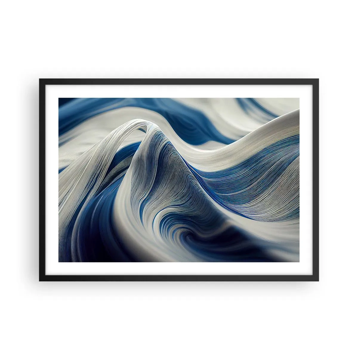 Poster in einem schwarzem Rahmen - Abstrakte Wellen in Blau- und Weißtönen - 70x50cm - Fließfähigkeit von Blau und Weiß - Moderne Wanddekoration für Wohnzimmer und Schlafzimmer ARTTOR