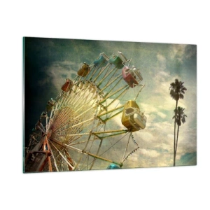 Glasbild - Bild auf glas - Ein Riesenrad vor dem Himmel und Palmen im Retro-Stil - 120x80cm - Es wird Spaß geben ... - Moderne Wanddekoration für Wohnzimmer und Schlafzimmer ARTTOR