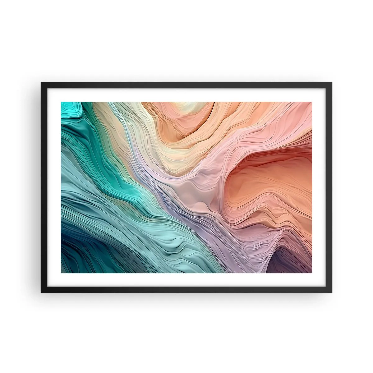 Poster in einem schwarzem Rahmen - Abstrakte Wellen in Pastell- und Regenbogenfarben - 70x50cm - Regenbogenwelle - Moderne Wanddekoration für Wohnzimmer und Schlafzimmer ARTTOR