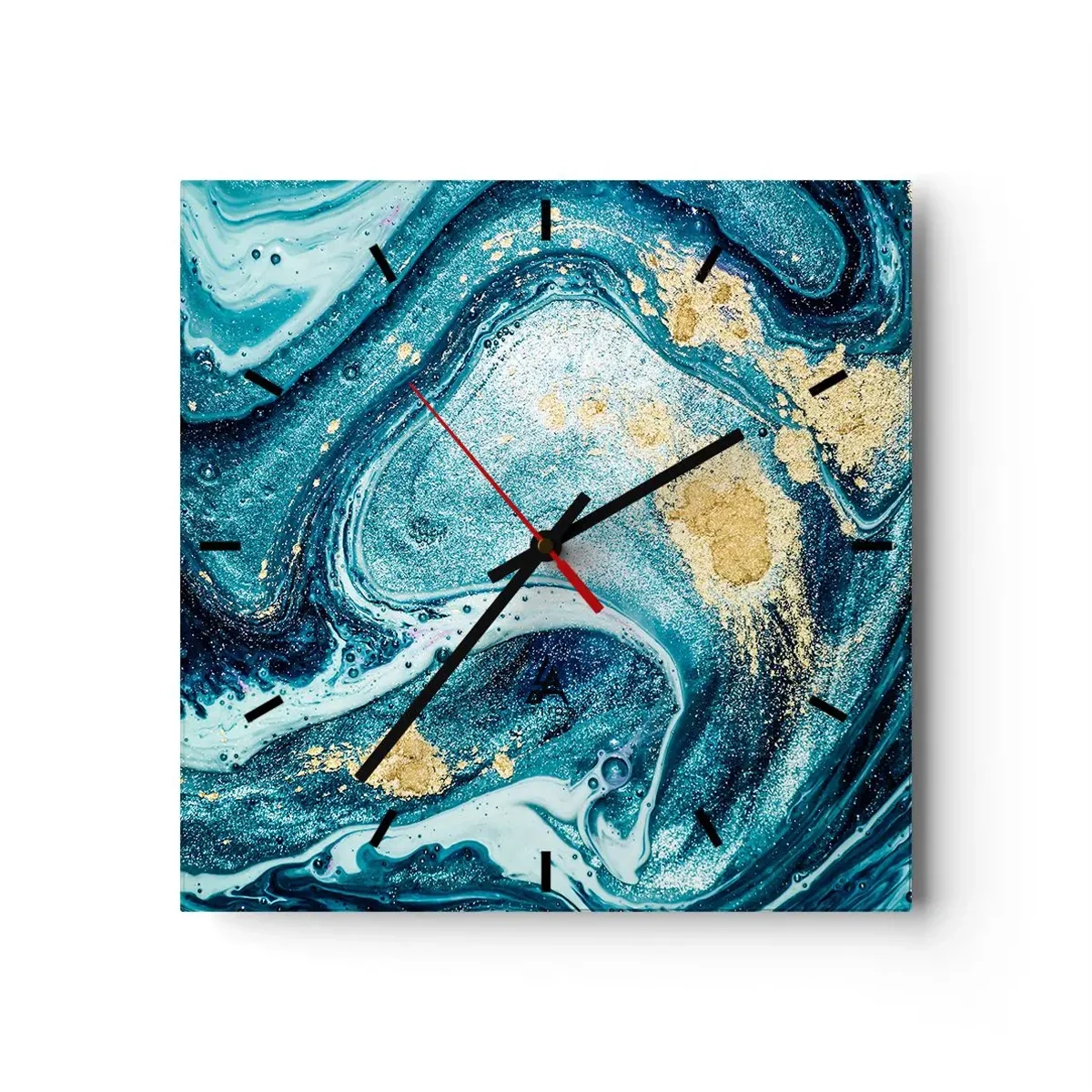 Wanduhr - Glasuhr - Eine abstrakte Komposition aus Wellen und goldenen Akzenten - 30x30cm - Blauer Wirbel - Moderne Wanddekoration für Wohnzimmer und Schlafzimmer ARTTOR