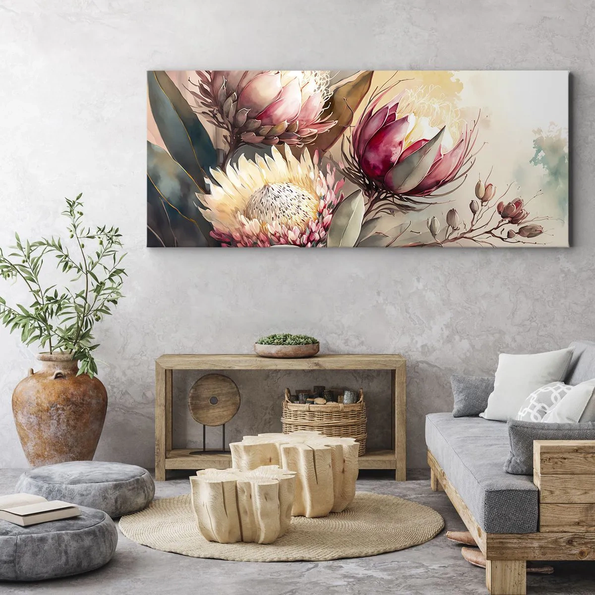 Bild auf Leinwand - Leinwandbild - Proteablüten in zarten Pastelltönen - 120x50cm - Im Profil und en face - Moderne Wanddekoration für Wohnzimmer und Schlafzimmer ARTTOR