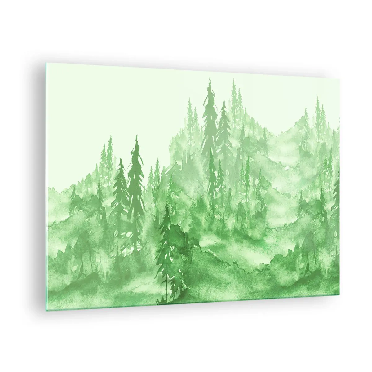 Glasbild - Bild auf glas - Grüner Wald im Aquarellstil - 70x50cm - Verschwommen mit grünem Nebel - Moderne Wanddekoration für Wohnzimmer und Schlafzimmer ARTTOR
