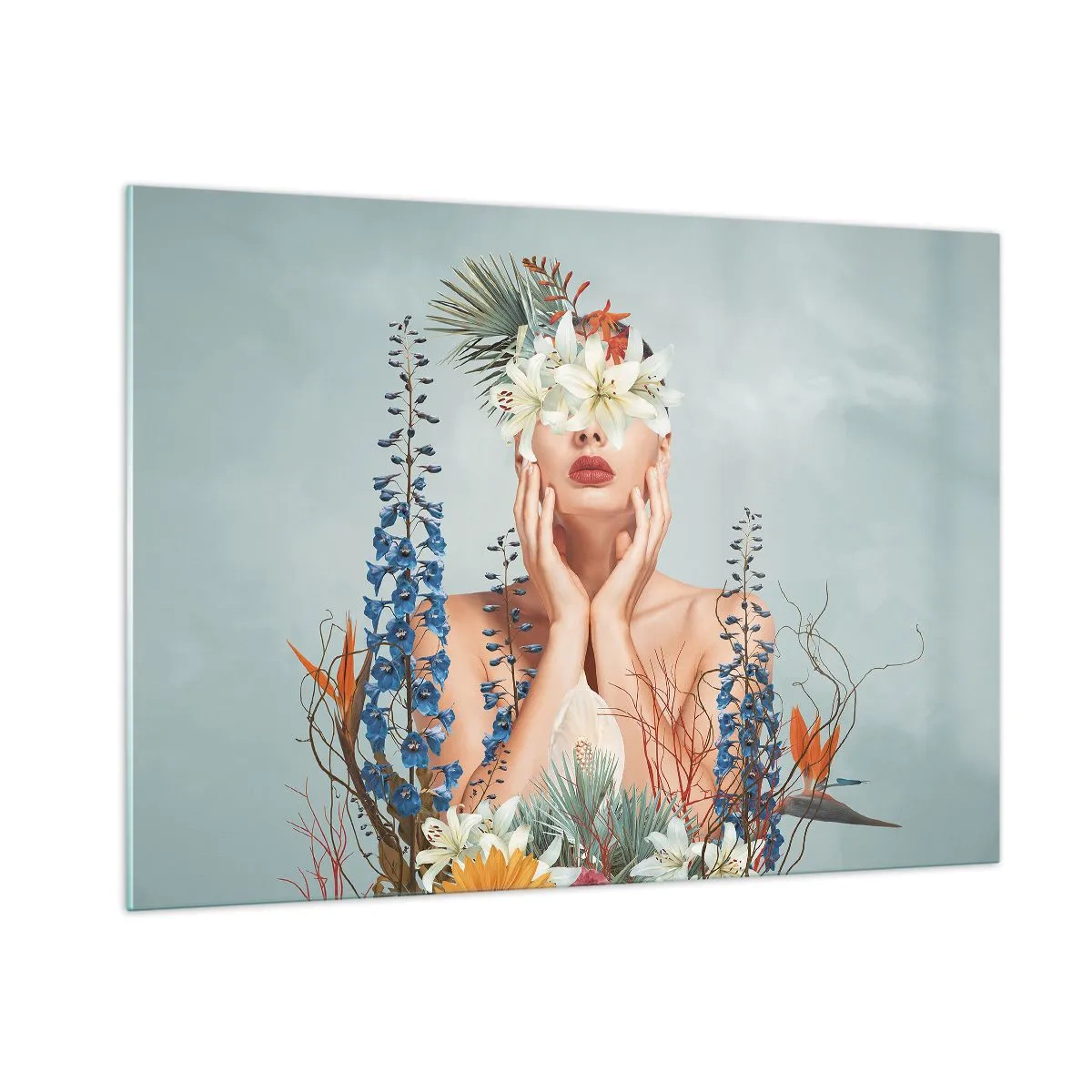 Glasbild - Bild auf glas - Frauenfigur mit Blumenkranz und Blumenarrangement - 100x70cm - Frau - Blume - Moderne Wanddekoration für Wohnzimmer und Schlafzimmer ARTTOR