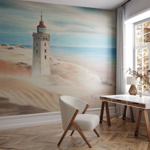 Fototapete Standard Eco - Ein Leuchtturm an einem einsamen Strand in einer malerischen Interpretation - 100x70cm - Immer aufs Meer starrend - Moderne Wanddekoration für Wohnzimmer und Schlafzimmer ARTTOR