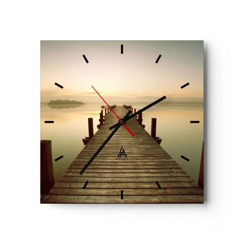Wanduhr - Glasuhr - Ein Holzsteg an einem ruhigen See am Morgen - 30x30cm - Tagesanbruch, Morgendämmerung, Licht - Moderne Wanddekoration für Wohnzimmer und Schlafzimmer ARTTOR