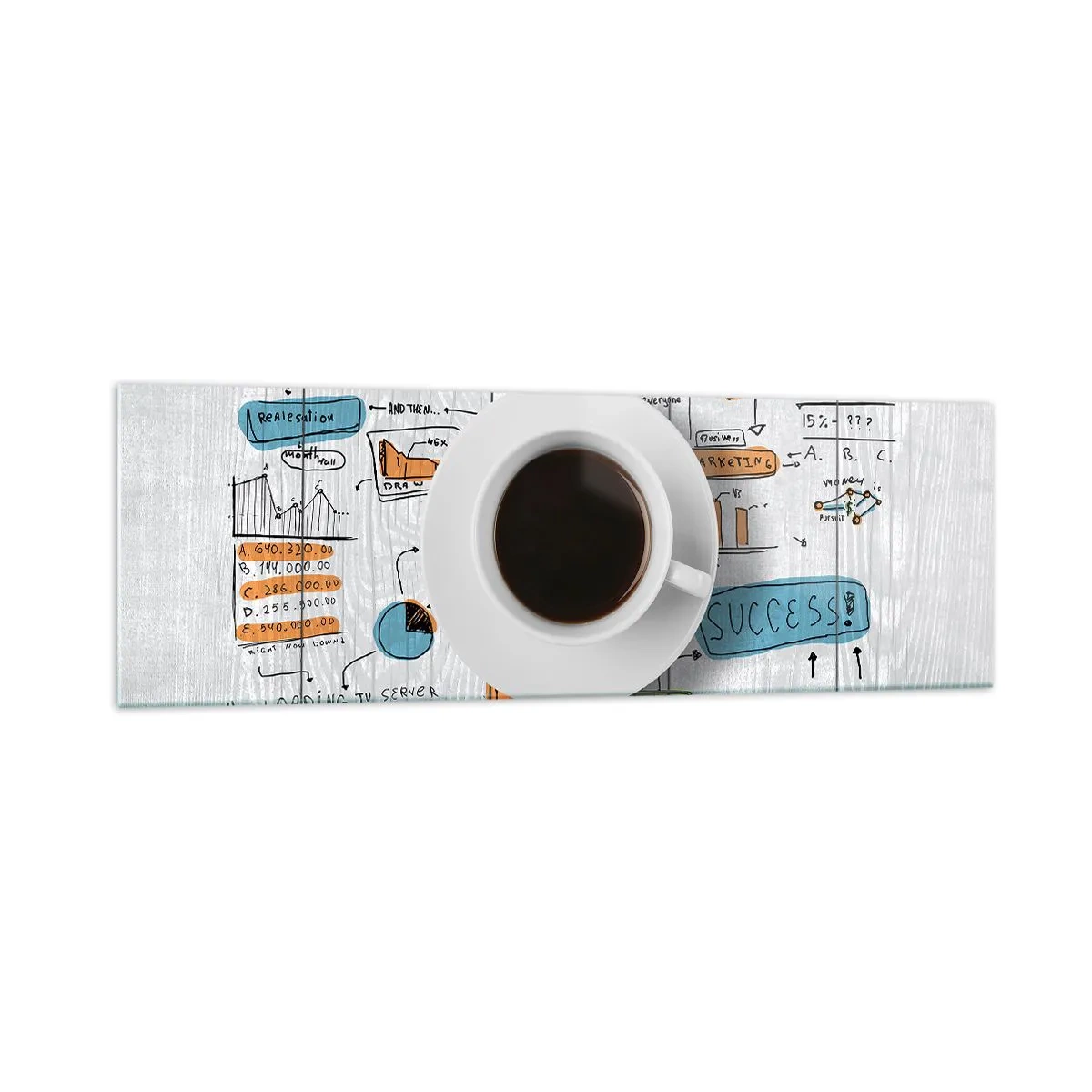 Glasbild - Bild auf glas - Eine Tasse Kaffee vor dem Hintergrund einer konzeptionellen Zeichnung - 160x50cm - Zeit für eine Pause - Moderne Wanddekoration für Wohnzimmer und Schlafzimmer ARTTOR