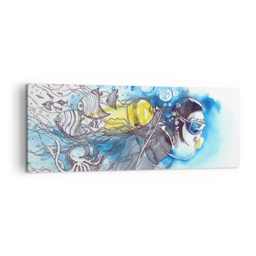 Bild auf Leinwand - Leinwandbild - Unterwasserszene mit einem Taucher und exotischen Fischen - 140x50cm - Tolles Blau - Moderne Wanddekoration für Wohnzimmer und Schlafzimmer ARTTOR