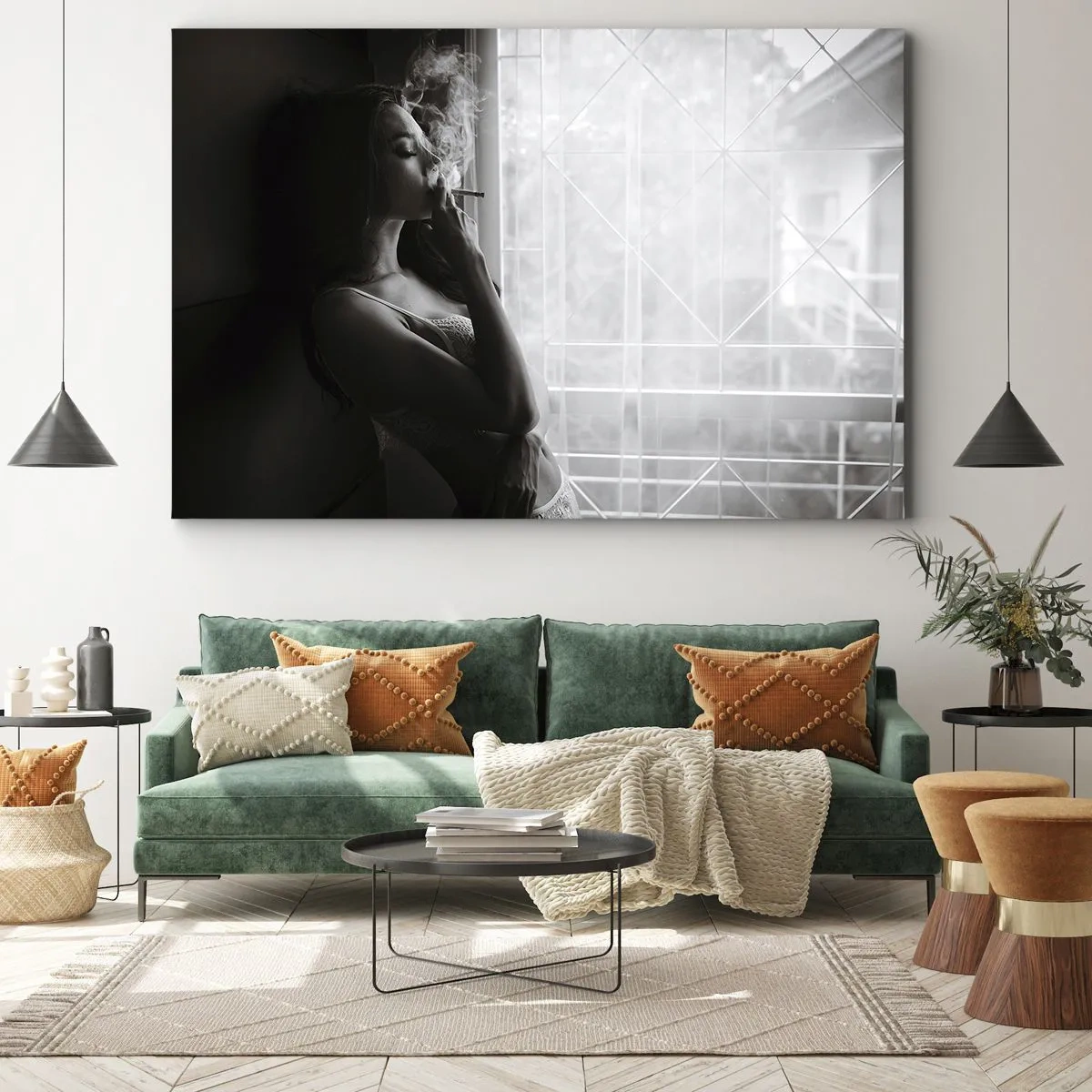 Bild auf Leinwand - Leinwandbild - Eine Frau in sinnlicher Pose auf einem Schwarzweißfoto - 70x50cm - Sinnlicher Moment - Moderne Wanddekoration für Wohnzimmer und Schlafzimmer ARTTOR