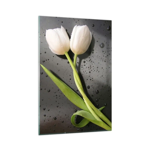 Glasbild - Bild auf glas - Weiße Tulpen auf schwarzem Hintergrund mit Wassertropfen - 80x120cm - Frühlingsgewebe - Moderne Wanddekoration für Wohnzimmer und Schlafzimmer ARTTOR