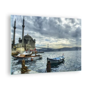 Glasbild - Bild auf glas - Blick auf die Moschee, die Brücke und die Boote am Kai - 70x50cm - An der Grenze der Welten - Moderne Wanddekoration für Wohnzimmer und Schlafzimmer ARTTOR