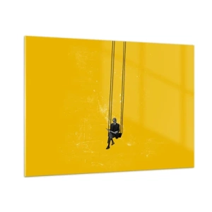 Glasbild - Bild auf glas - Eine Figur auf einer Schaukel hängt vor einem gelben Hintergrund - 100x70cm - Tag wie jeder andere - Moderne Wanddekoration für Wohnzimmer und Schlafzimmer ARTTOR