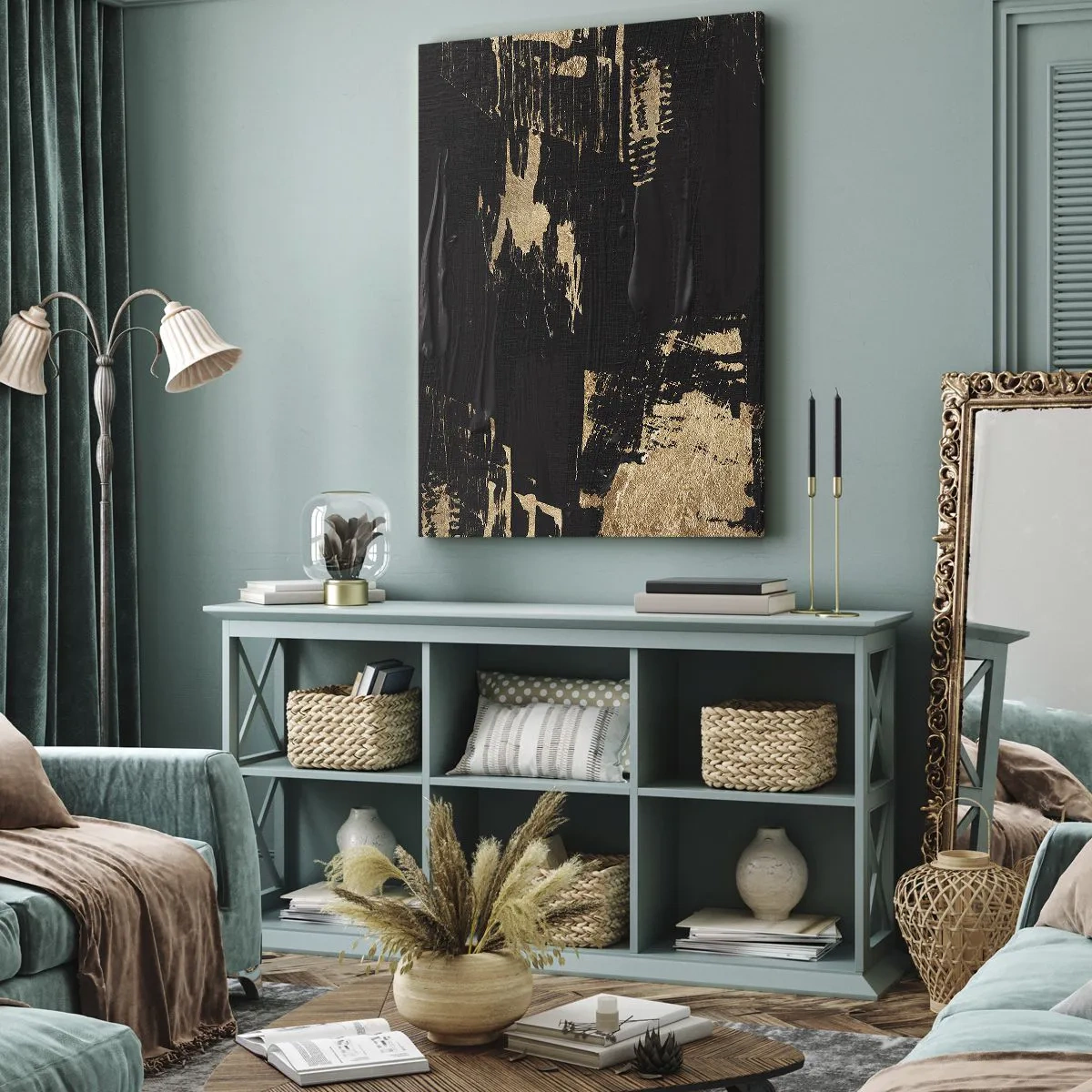 Bild auf Leinwand - Leinwandbild - Abstrakte Komposition in Schwarz- und Goldtönen - 80x120cm - Spur einer Berührung - Moderne Wanddekoration für Wohnzimmer und Schlafzimmer ARTTOR