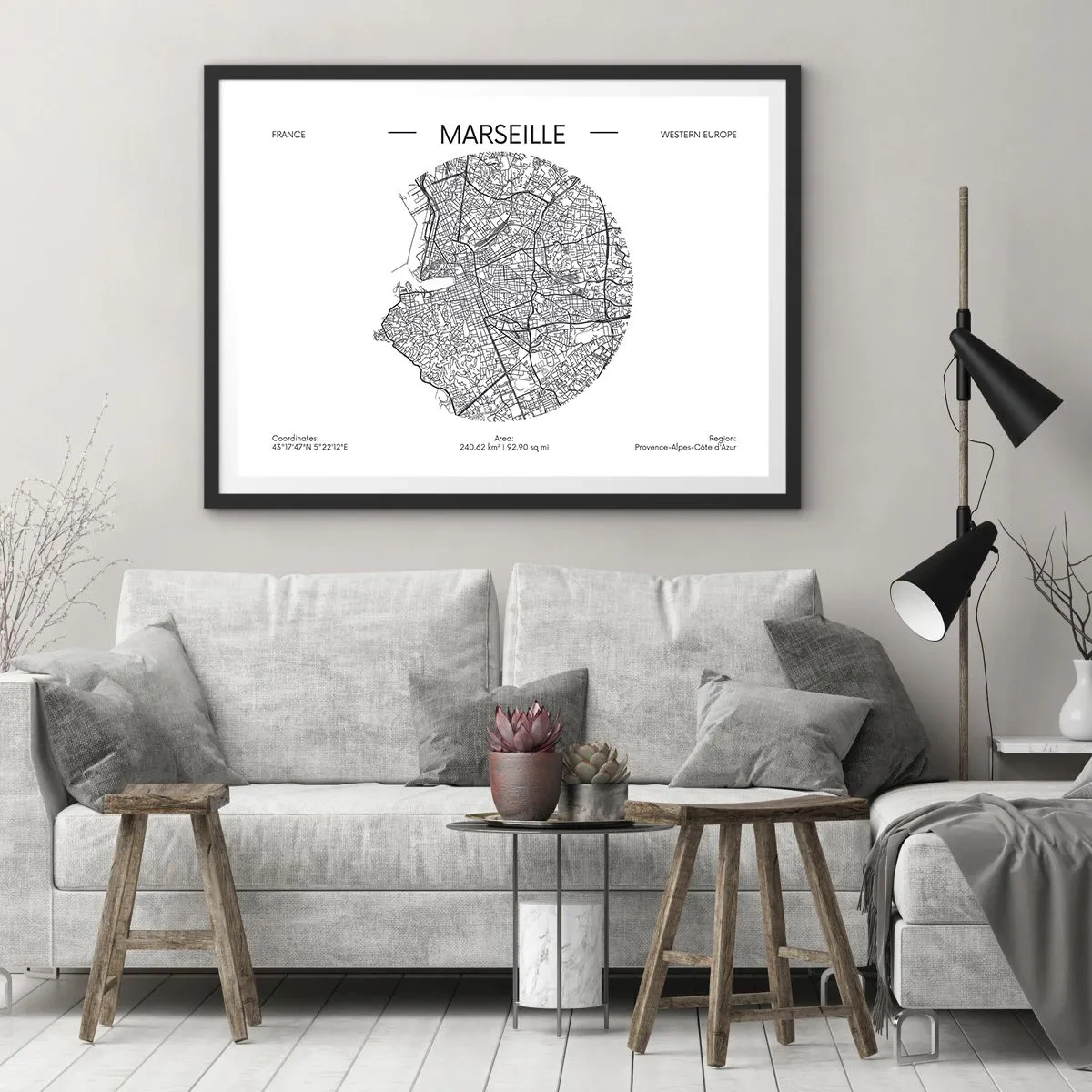 Poster in einem schwarzem Rahmen - Karte von Marseille im minimalistischen Stil - 70x50cm - Anatomie von Marseille - Moderne Wanddekoration für Wohnzimmer und Schlafzimmer ARTTOR