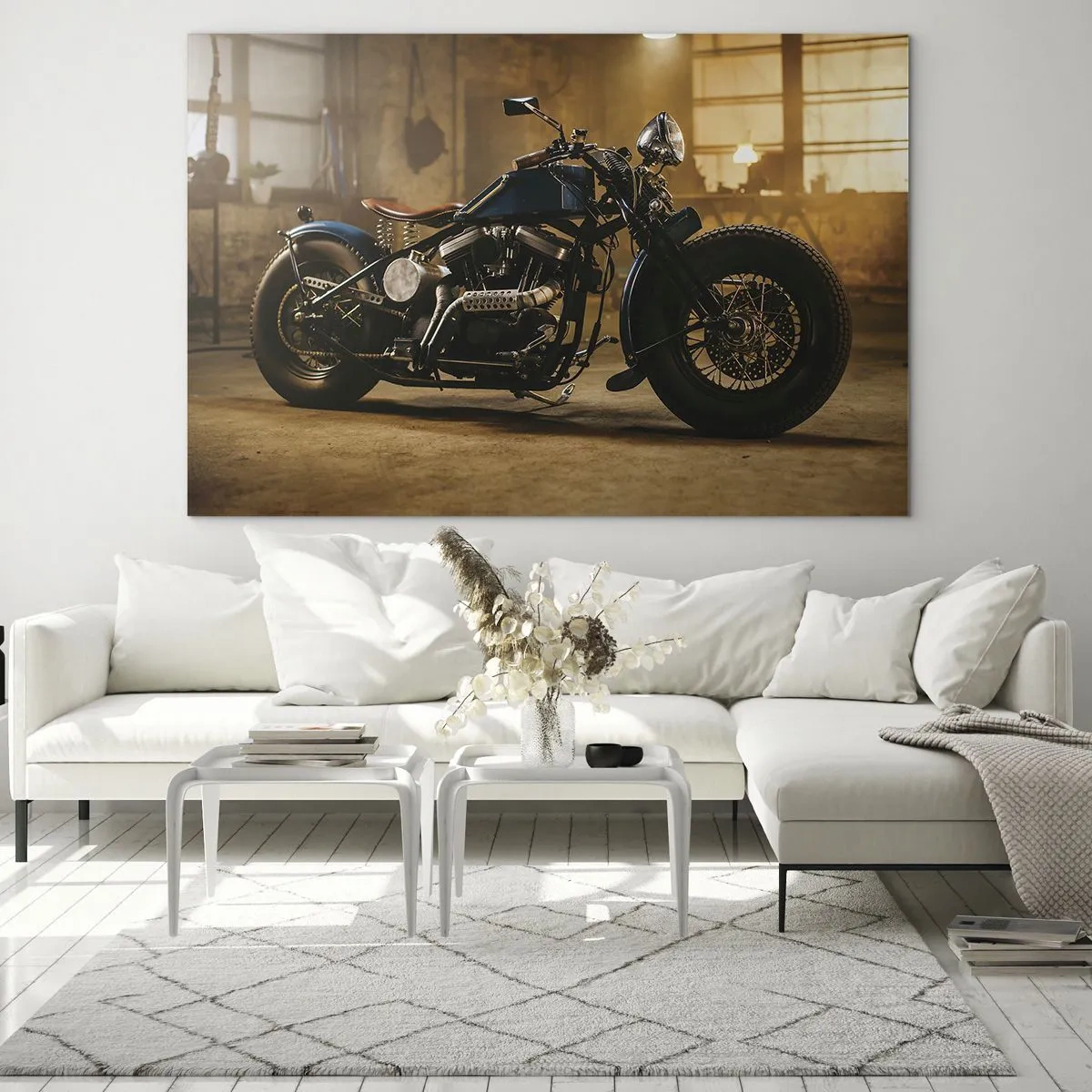 Glasbild - Bild auf glas - Stimmungsvolle Aufnahme eines klassischen Motorrads in einer Garage - 70x50cm - Ich kann alles  - Moderne Wanddekoration für Wohnzimmer und Schlafzimmer ARTTOR
