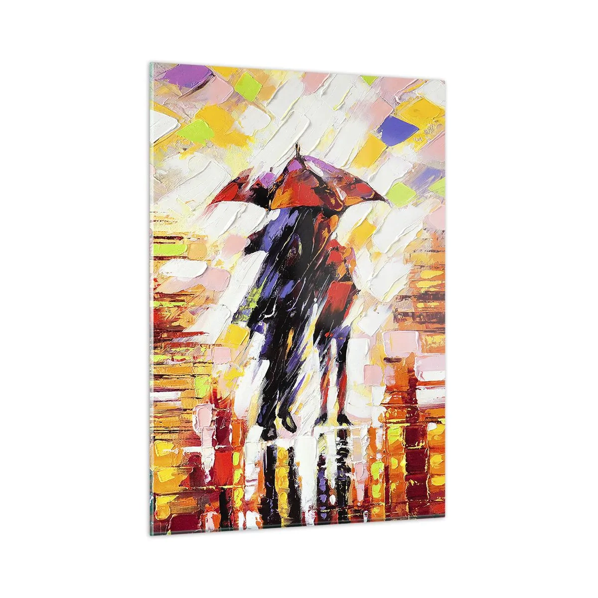 Glasbild - Bild auf glas - Ein Paar unter einem roten Regenschirm in einer bunten Stadt - 50x70cm - Gemeinsam durch die Nacht und den Regen - Moderne Wanddekoration für Wohnzimmer und Schlafzimmer ARTTOR