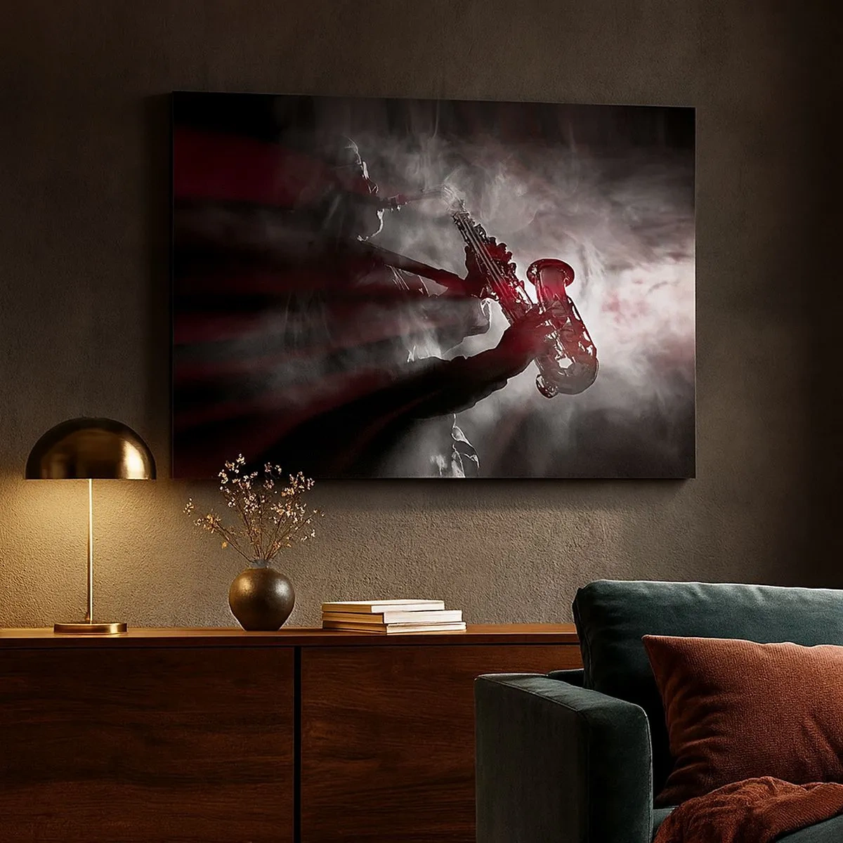 Bild auf Leinwand - Leinwandbild - Saxophonist im Rauch auf der Bühne in stimmungsvollem Schwarz und Rot - 70x50cm - In den Dämpfen des Jazz - Moderne Wanddekoration für Wohnzimmer und Schlafzimmer ARTTOR