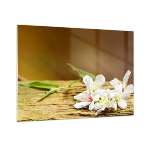 Glasbild - Bild auf glas - Weiße Blumen auf einem hölzernen Hintergrund in warmem Licht - 100x70cm - Ein unschuldiges Versprechen - Moderne Wanddekoration für Wohnzimmer und Schlafzimmer ARTTOR